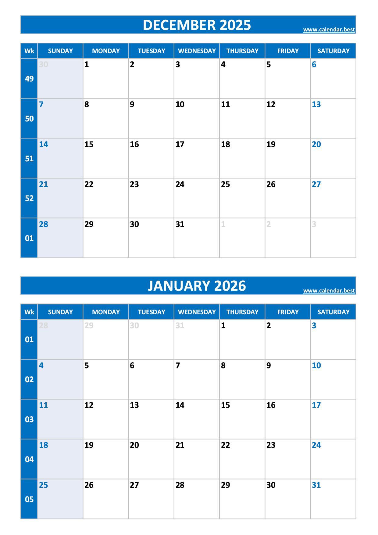 Free printable December 2025 and January 2026 calendar with US week layout, portrait format, blue template, download as PDF or JPG December 2025 and January 2026 calendar with week numbers, A4 portrait, blue template