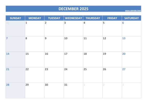 December 2025 printable calendar