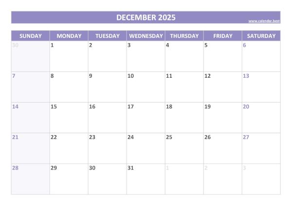 Blank monthly calendar : December 2025