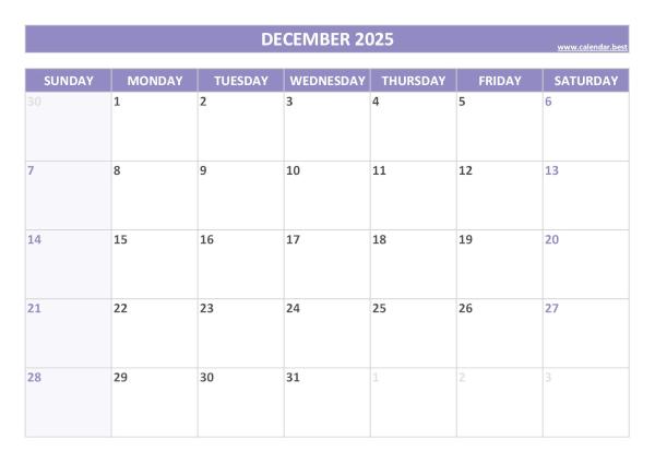 December 2025 printable calendar