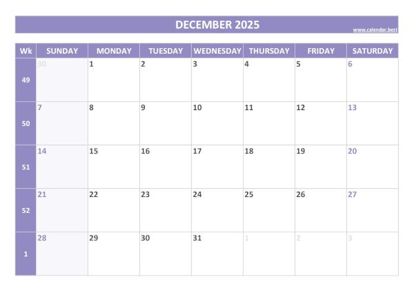 Printable monthly calendar with week numbers, Month of december 2025, purple template december 2025 calendar with weeks