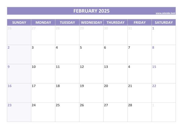 Blank monthly calendar : February 2025