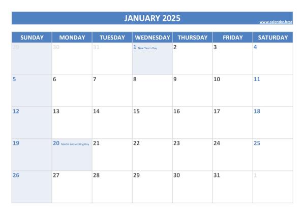 January 2025 calendar with holidays