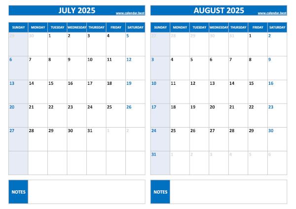 Free printable July and August 2025 blank calendar - landscape format, blue template, download as PDF or JPG July and August 2025 calendar, blank, A4 landscape, blue template