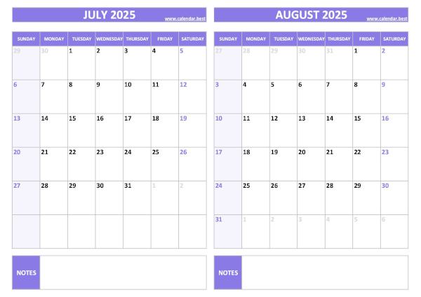 Free printable July and August 2025 blank calendar - landscape format, purple template, download as PDF or JPG July and August 2025 calendar, blank, A4 landscape, purple template