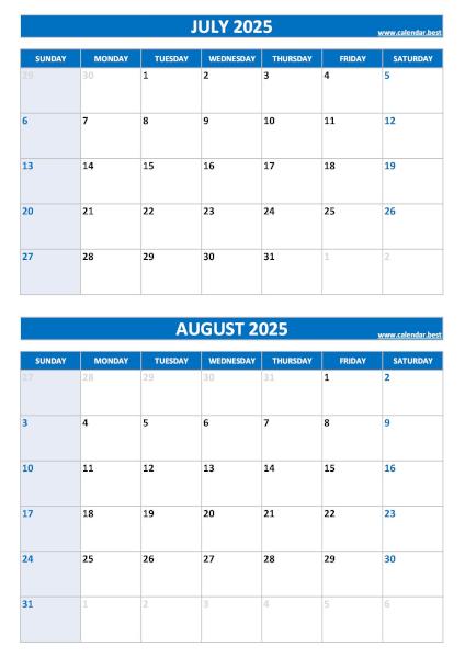 Free printable July and August 2025 blank calendar - portrait format, blue template, download as PDF or JPG July and August 2025 calendar, blank, A4 portrait, blue template