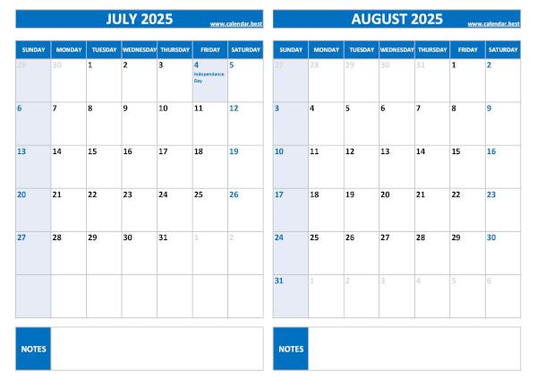 Free printable July and August 2025 calendar with US federal holidays, landscape format, blue template, download as PDF or JPG July and August 2025 calendar with US holidays, A4 landscape, blue template