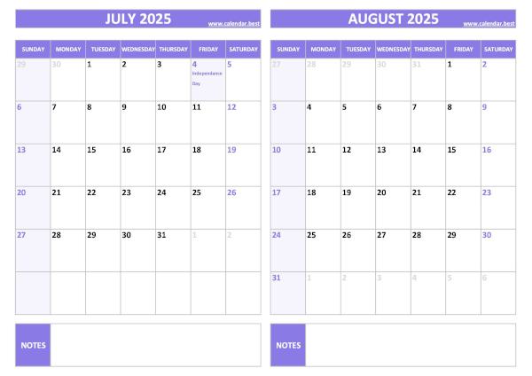 Free printable July and August 2025 calendar with US federal holidays, landscape format, purple template, download as PDF or JPG July and August 2025 calendar with US holidays, A4 landscape, purple template