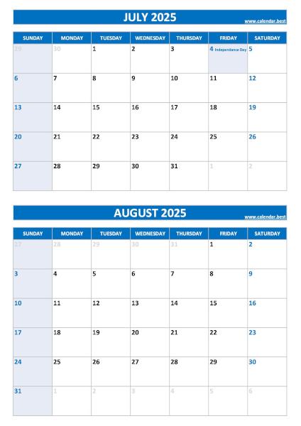 Free printable July and August 2025 calendar with US federal holidays, portrait format, blue template, download as PDF or JPG July and August 2025 calendar with US holidays, A4 portrait, blue template