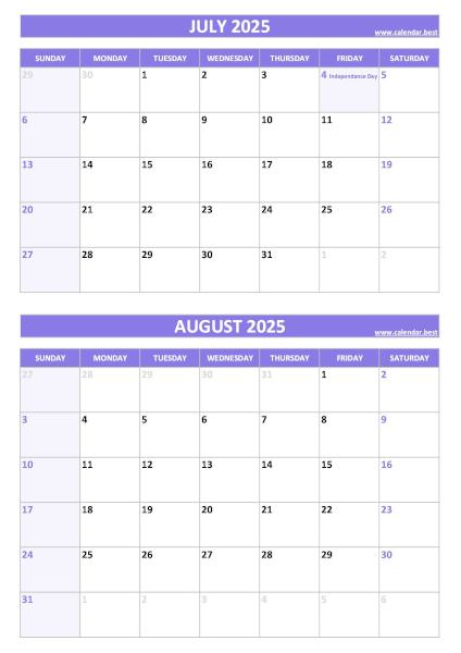 Free printable July and August 2025 calendar with US federal holidays, portrait format, purple template, download as PDF or JPG July and August 2025 calendar with US holidays, A4 portrait, purple template