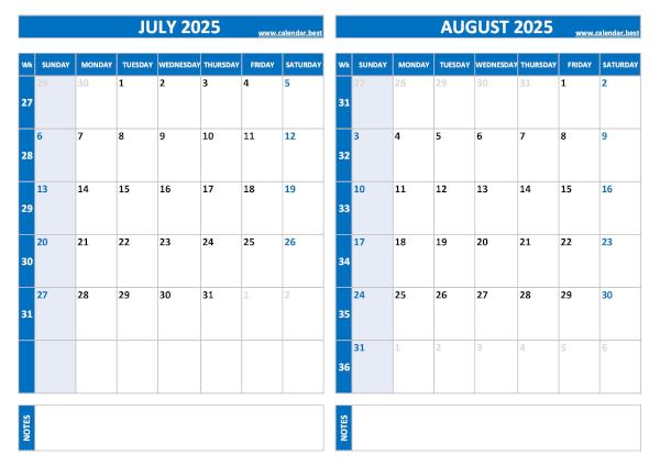 Free printable July and August 2025 calendar with US week layout, landscape format, blue template, download as PDF or JPG July and August 2025 calendar with week numbers, A4 landscape, blue template
