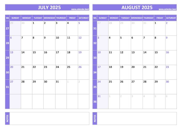 Free printable July and August 2025 calendar with US week layout, landscape format, purple template, download as PDF or JPG July and August 2025 calendar with week numbers, A4 landscape, purple template