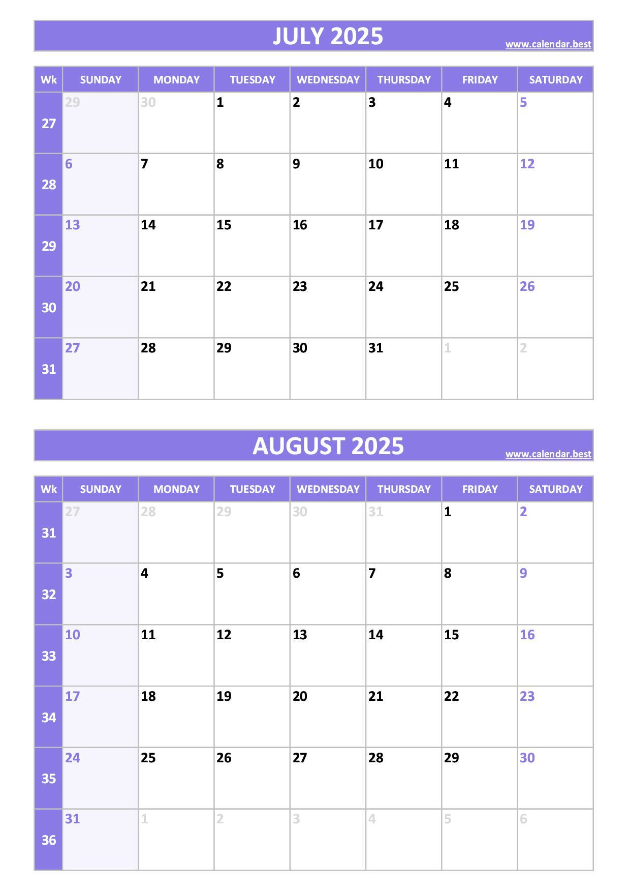 Free printable July and August 2025 calendar with US week layout, portrait format, purple template, download as PDF or JPG July and August 2025 calendar with week numbers, A4 portrait, purple template