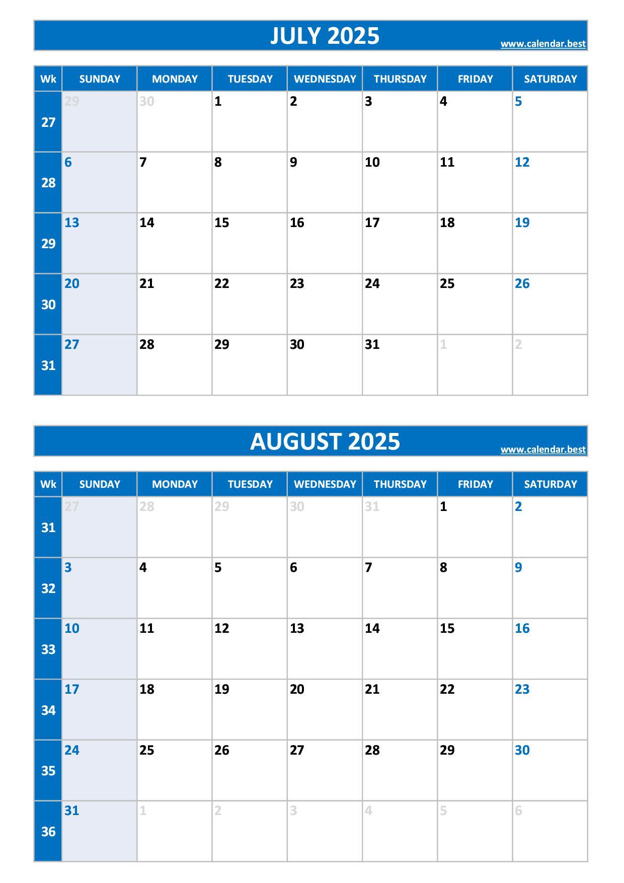 Free printable July and August 2025 calendar with US week layout, portrait format, blue template, download as PDF or JPG July and August 2025 calendar with week numbers, A4 portrait, blue template