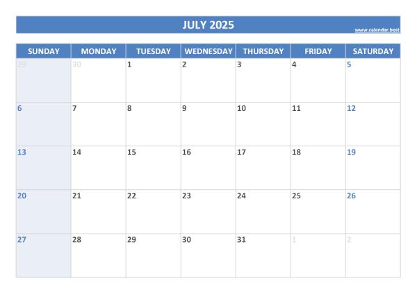 Blank monthly calendar : July 2025