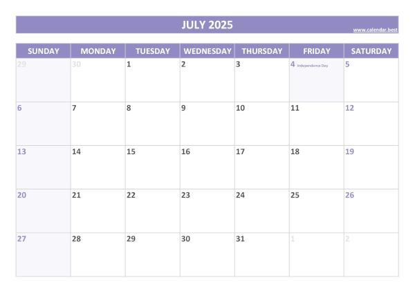 July 2025 calendar with holidays