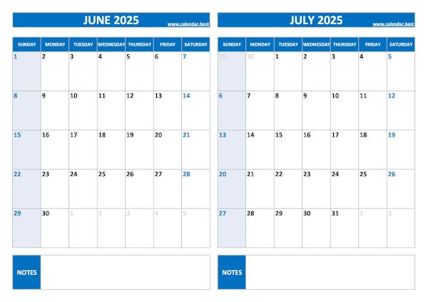 June and July 2025 calendar printable - blank, blue template, A4 landscape