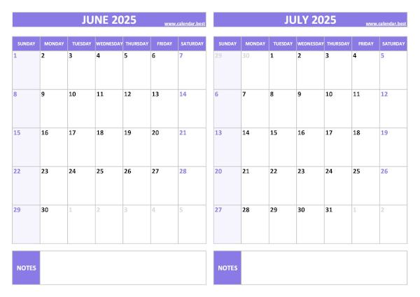 June and July 2025 calendar, blank, A4 landscape, purple template