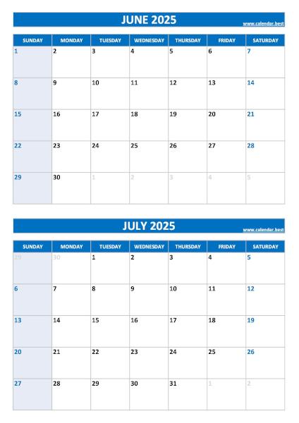 June and July 2025 calendar, blank, A4 portrait, blue template