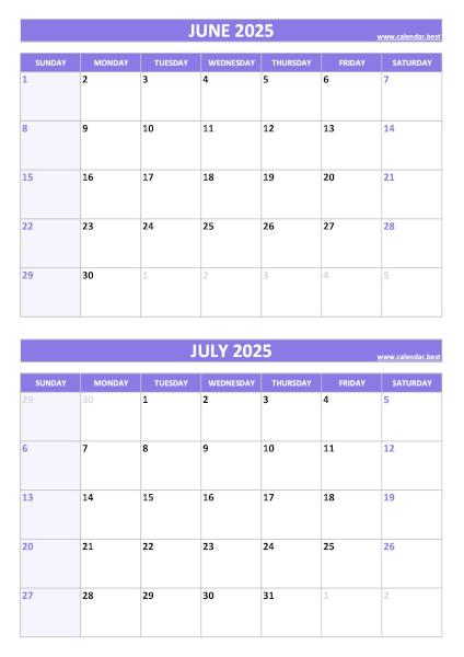 June and July 2025 calendar, blank, A4 portrait, purple template