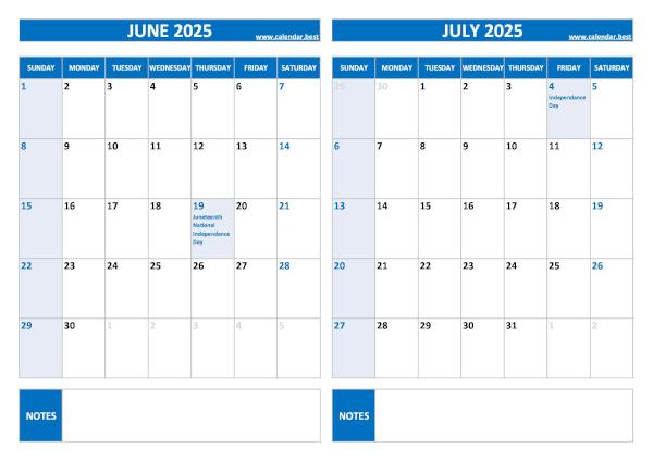 June and July 2025 calendar with US holidays, A4 landscape, blue template
