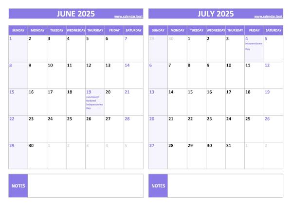 June and July 2025 calendar with US holidays, A4 landscape, purple template