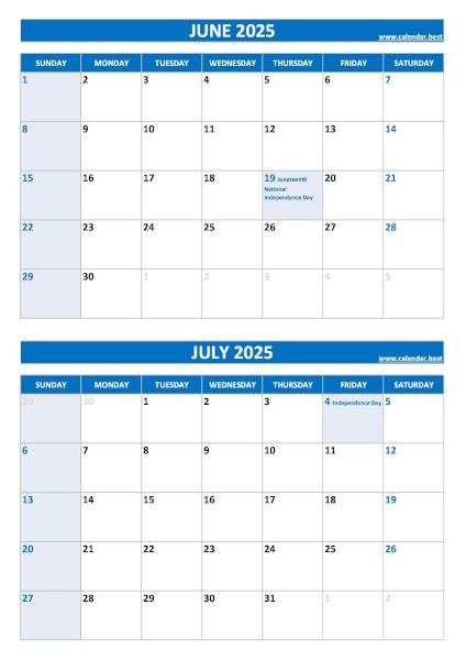 June and July 2025 calendar with US holidays, A4 portrait, blue template