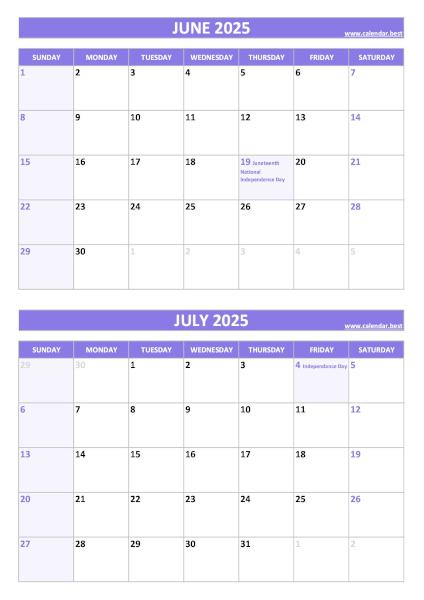 June and July 2025 calendar with US holidays, A4 portrait, purple template