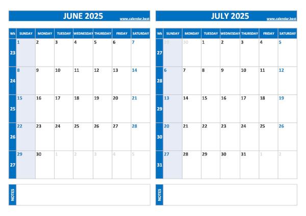 June and July 2025 calendar with week numbers, A4 landscape, blue template