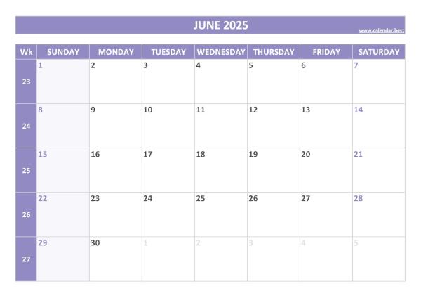 Printable monthly calendar with week numbers, Month of June 2025, purple template June 2025 calendar with weeks