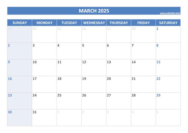 Blank monthly calendar : March 2025