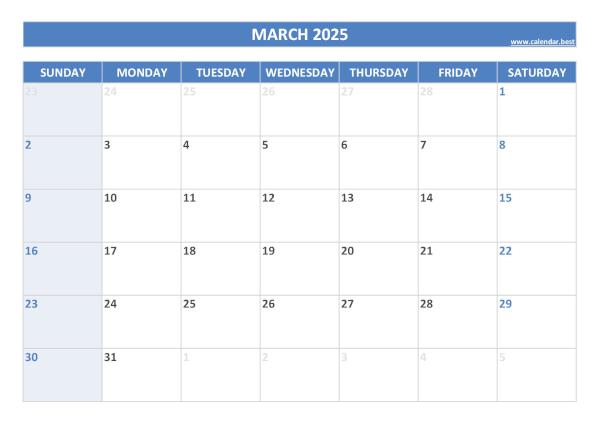 March 2025 printable calendar