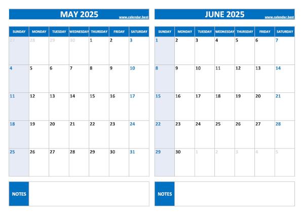 Free printable May and June 2025 blank calendar - landscape format, blue template, download as PDF or JPG May and June 2025 calendar, blank, A4 landscape, blue template