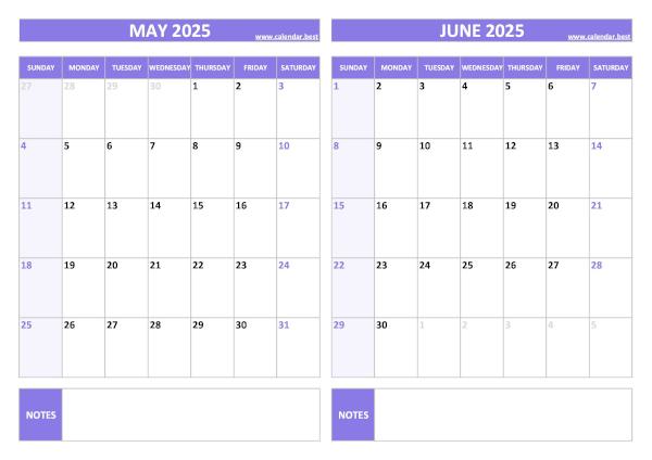 Free printable May and June 2025 blank calendar - landscape format, purple template, download as PDF or JPG May and June 2025 calendar, blank, A4 landscape, purple template