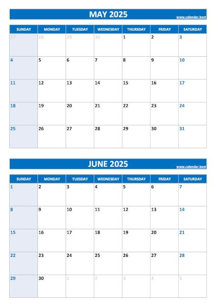 Free printable May and June 2025 blank calendar - portrait format, blue template, download as PDF or JPG May and June 2025 calendar, blank, A4 portrait, blue template