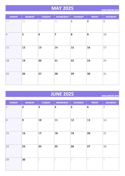 Free printable May and June 2025 blank calendar - portrait format, purple template, download as PDF or JPG May and June 2025 calendar, blank, A4 portrait, purple template