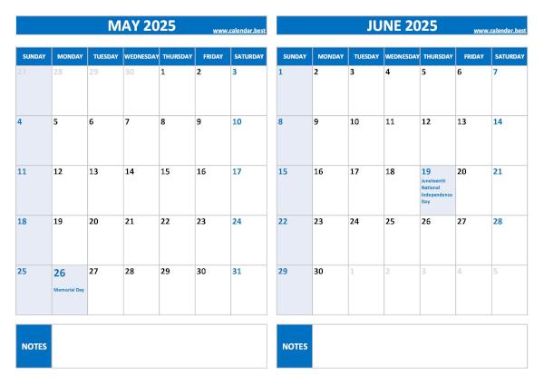 Free printable May and June 2025 calendar with US federal holidays, landscape format, blue template, download as PDF or JPG May and June 2025 calendar with US holidays, A4 landscape, blue template