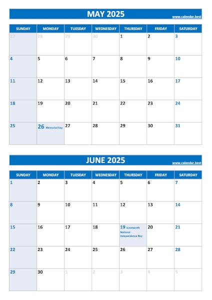 Free printable May and June 2025 calendar with US federal holidays, portrait format, blue template, download as PDF or JPG May and June 2025 calendar with US holidays, A4 portrait, blue template