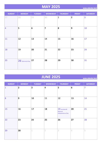 Free printable May and June 2025 calendar with US federal holidays, portrait format, purple template, download as PDF or JPG May and June 2025 calendar with US holidays, A4 portrait, purple template
