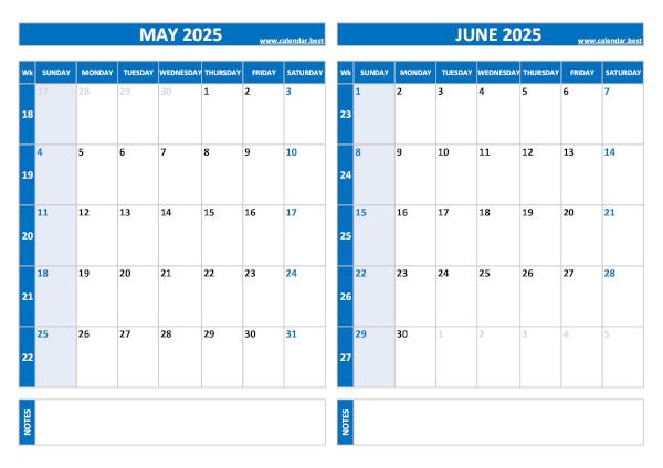 Free printable May and June 2025 calendar with US week layout, landscape format, blue template, download as PDF or JPG May and June 2025 calendar with week numbers, A4 landscape, blue template