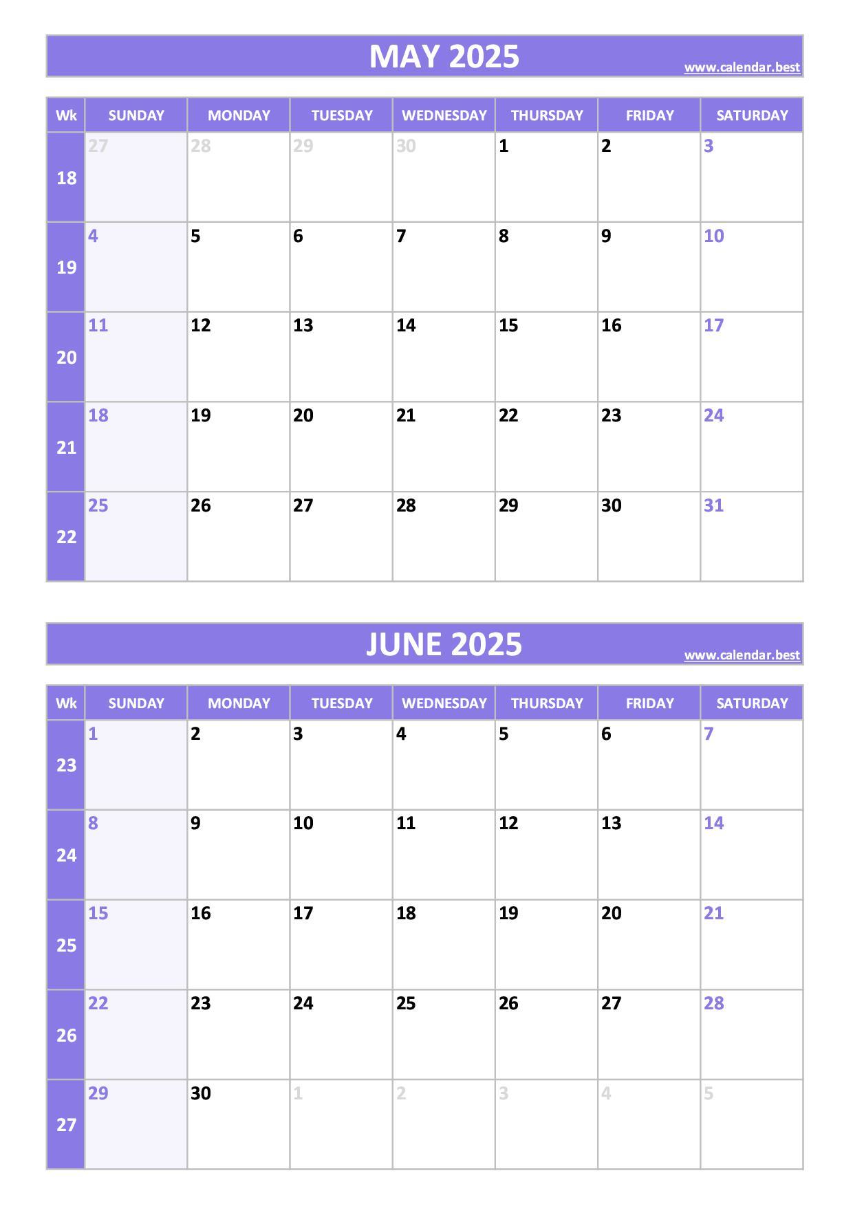 Free printable May and June 2025 calendar with US week layout, portrait format, purple template, download as PDF or JPG May and June 2025 calendar with week numbers, A4 portrait, purple template