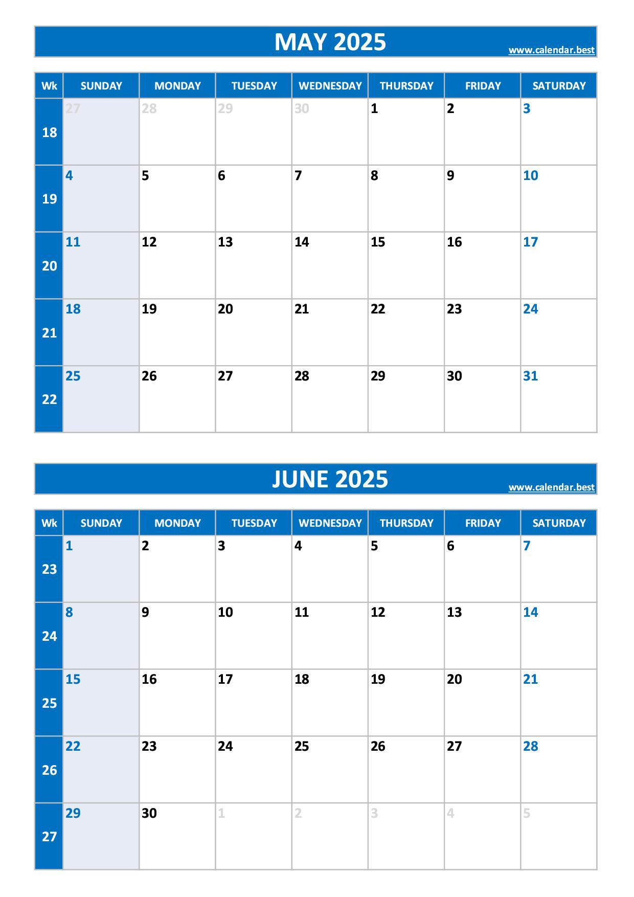 Free printable May and June 2025 calendar with US week layout, portrait format, blue template, download as PDF or JPG May and June 2025 calendar with week numbers, A4 portrait, blue template