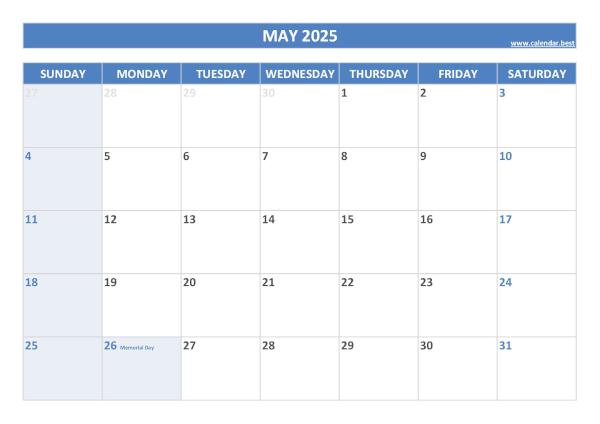 May 2025 calendar with holidays