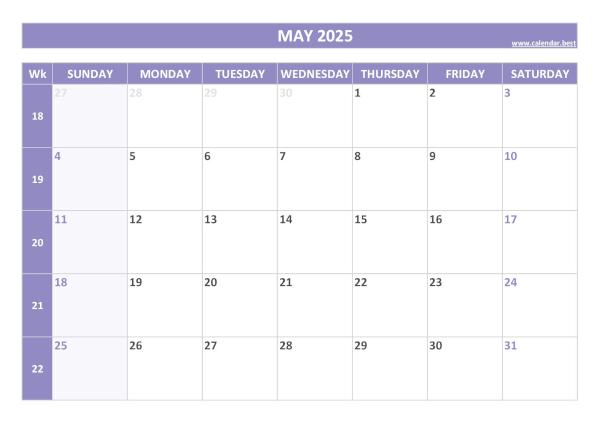 May 2025 calendar printable with week numbers, free download, purple template May calendar 2025 with week numbers