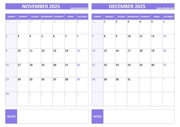 Free printable November and December 2025 blank calendar - landscape format, purple template, download as PDF or JPG November and December 2025 calendar, blank, A4 landscape, purple template