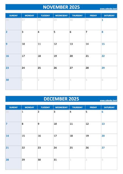 Free printable November and December 2025 blank calendar - portrait format, blue template, download as PDF or JPG November and December 2025 calendar, blank, A4 portrait, blue template
