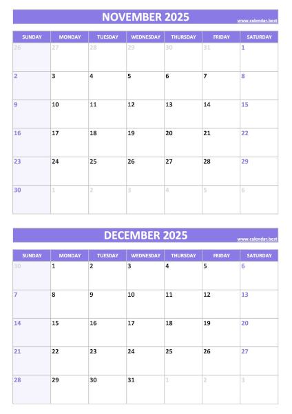 Free printable November and December 2025 blank calendar - portrait format, purple template, download as PDF or JPG November and December 2025 calendar, blank, A4 portrait, purple template