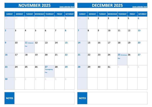 Free printable November and December 2025 calendar with US federal holidays, landscape format, blue template, download as PDF or JPG November and December 2025 calendar with US holidays, A4 landscape, blue template