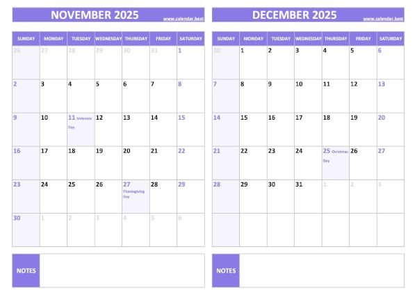Free printable November and December 2025 calendar with US federal holidays, landscape format, purple template, download as PDF or JPG November and December 2025 calendar with US holidays, A4 landscape, purple template