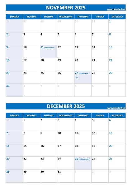 Free printable November and December 2025 calendar with US federal holidays, portrait format, blue template, download as PDF or JPG November and December 2025 calendar with US holidays, A4 portrait, blue template